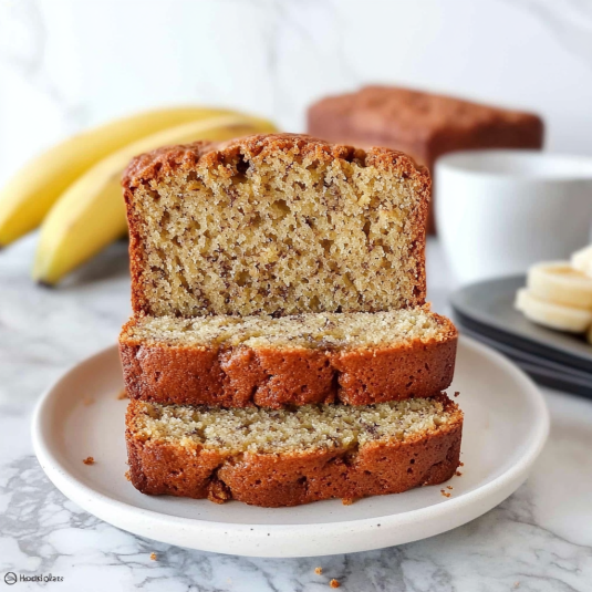 Tranches de banana bread moelleux empilées sur une assiette blanche, avec des bananes mûres et une tasse en arrière-plan.