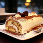 Bûche façon tiramisu roulée avec crème mascarpone et cacao sur le dessus.