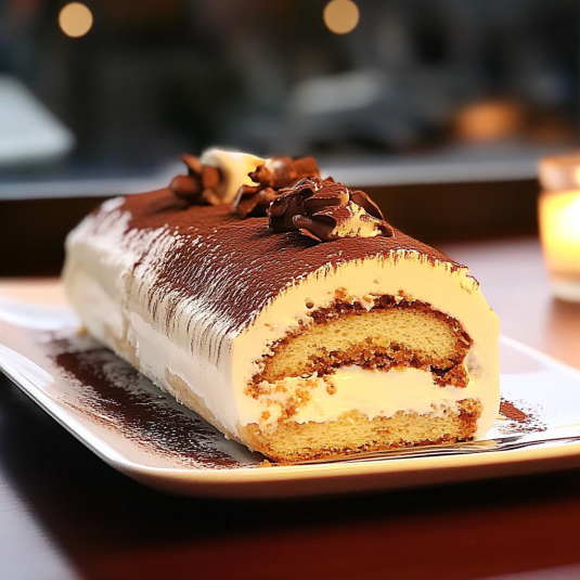 Bûche façon tiramisu roulée avec crème mascarpone et cacao