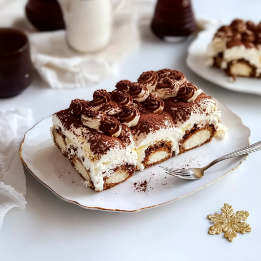 Bûche façon tiramisu avec crème mascarpone, cacao et biscuits imbibés, servie sur une assiette blanche.