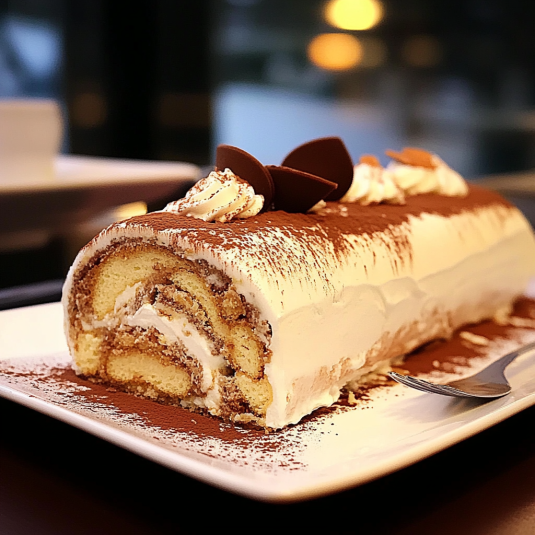 Bûche façon tiramisu roulée avec crème mascarpone et cacao sur le dessus.