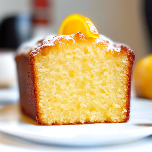 Cake au citron ultra moelleux vu de face, avec mie tendre et tranche de citron en décoration.