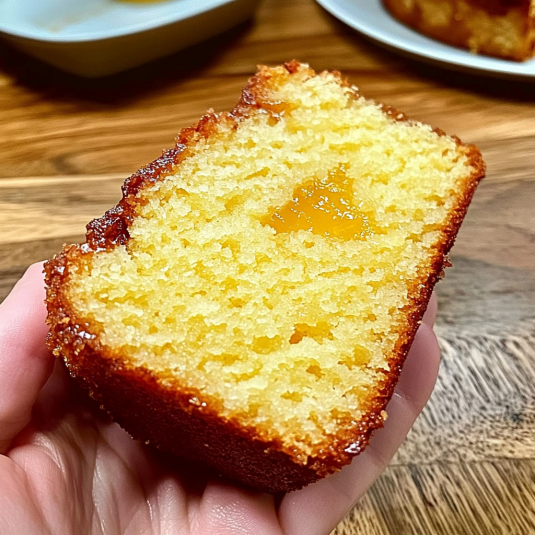 Tranche de cake au citron très moelleux avec cœur fondant et texture humide.