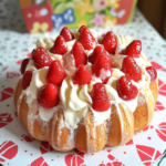 Charlotte aux fraises garnie de crème fouettée et de fraises fraîches, présentée sur un plat décoratif. Dessert élégant et gourmand.
