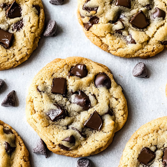 Cookies aux pépites de chocolat moelleux avec morceaux de chocolat fondant sur papier cuisson