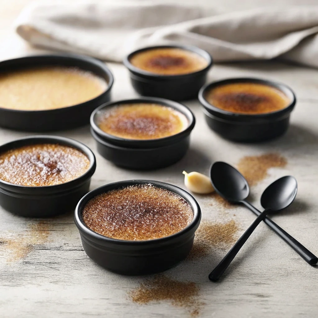 Crème brûlée classique à la vanille servie en ramequins noirs avec une croûte de sucre caramélisée et croustillante