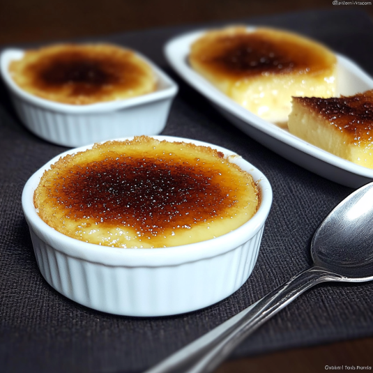 Crème brûlée maison à la vanille avec une fine couche de sucre caramélisé croustillant, servie dans des ramequins blancs