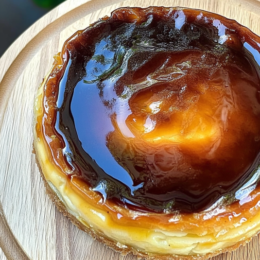 Flan parisien crémeux maison avec une surface caramélisée et une texture fondante, posé sur une planche