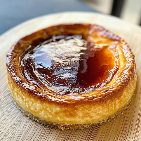 Flan parisien crémeux maison avec une surface caramélisée et une texture fondante, posé sur une planche en bois