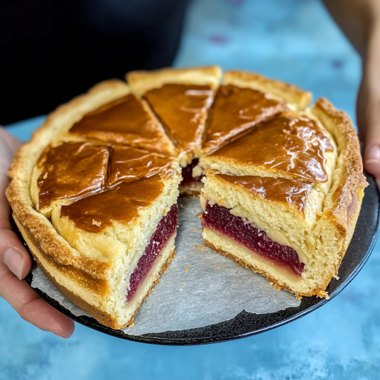 Gateau Basque cake with golden lattice crust and creamy filling,