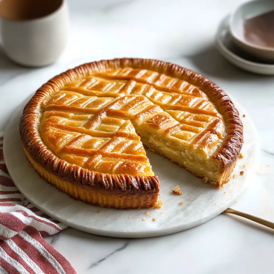 Traditional Gateau Basque cake with golden lattice crust and creamy filling, sliced on a marble plate