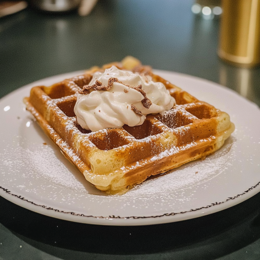 Gaufre de Bruxelles dorée et croustillante, saupoudrée de sucre glace et garnie de crème fouettée