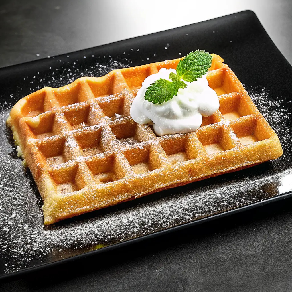 Gaufre de Bruxelles dorée et croustillante, saupoudrée de sucre glace et garnie de crème fouettée et de feuilles de menthe.