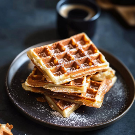 Gaufres moelleuses maison empilées, saupoudrées de sucre glace et garnies
