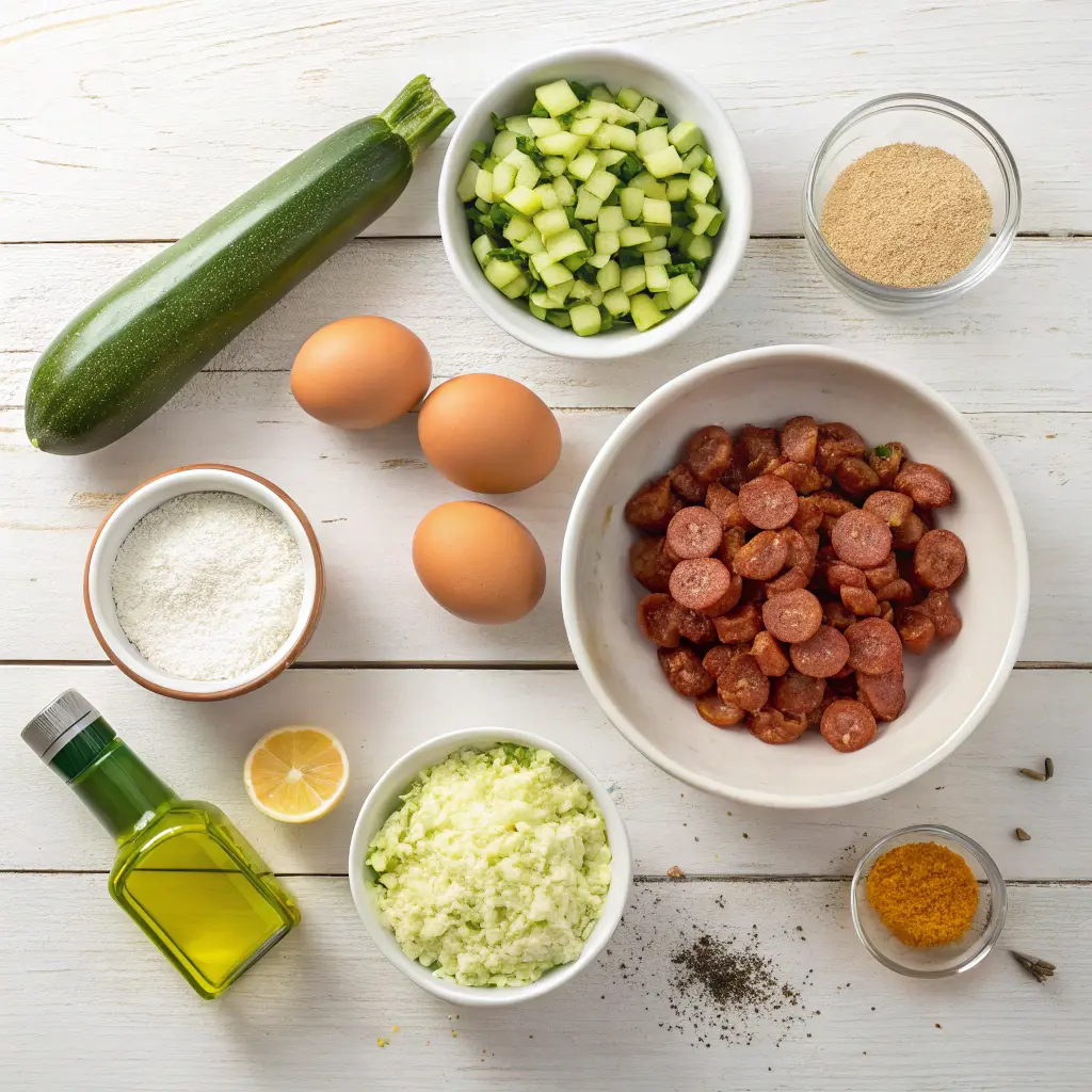 Ingrédients du cake courgette chorizo avec courgette fraîche, chorizo en rondelles, œufs, farine et huile d’olive
