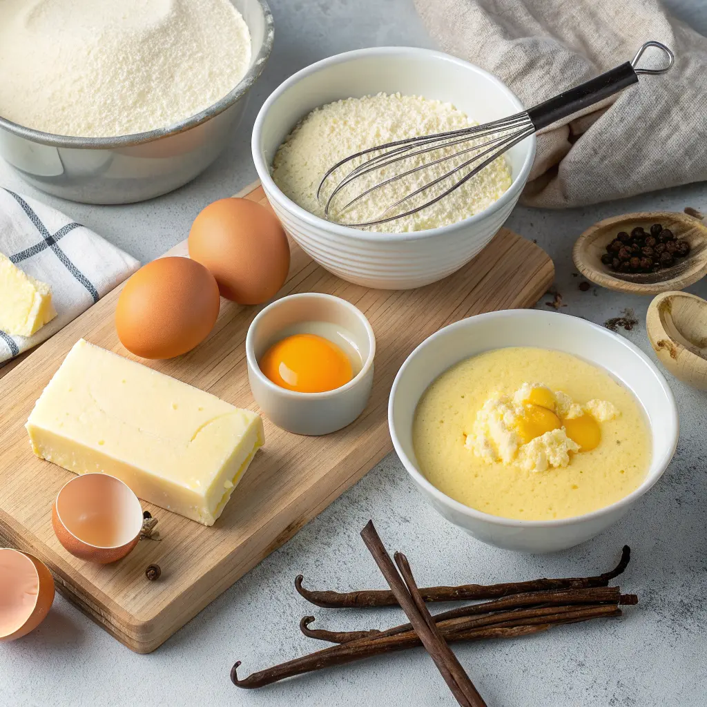 Ingrédients de la crème pâtissière maison avec œufs, lait, beurre, vanille et sucre disposés sur un plan de travail