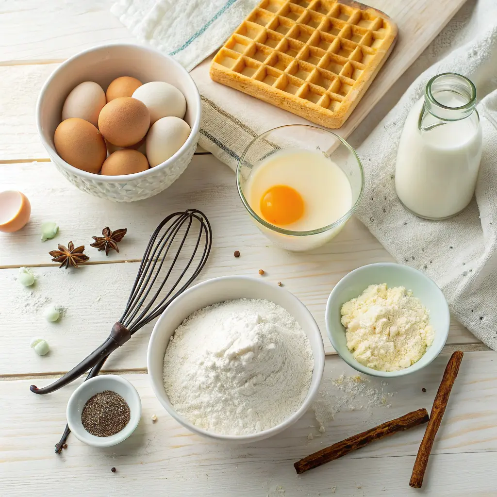 Ingrédients pour préparer des gaufres maison moelleuses avec œufs, farine, lait et beurre