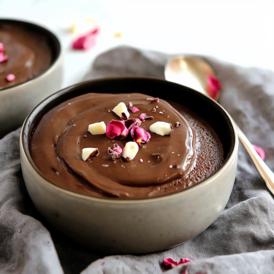 Mousse au chocolat traditionnelle maison servie en ramequin avec copeaux de chocolat et pétales de rose