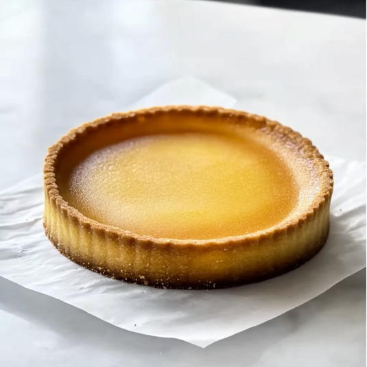 Tarte au citron sur pâte sucrée, parfaitement dorée et lisse, posée sur une feuille de papier cuisson.