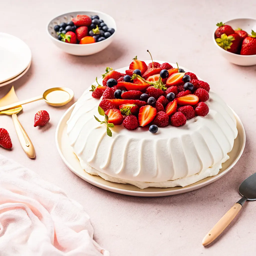 Pavlova aux fruits rouges maison garnie de fruits rouges frais, fraises, framboises et myrtilles sur une meringue blanche et croustillante