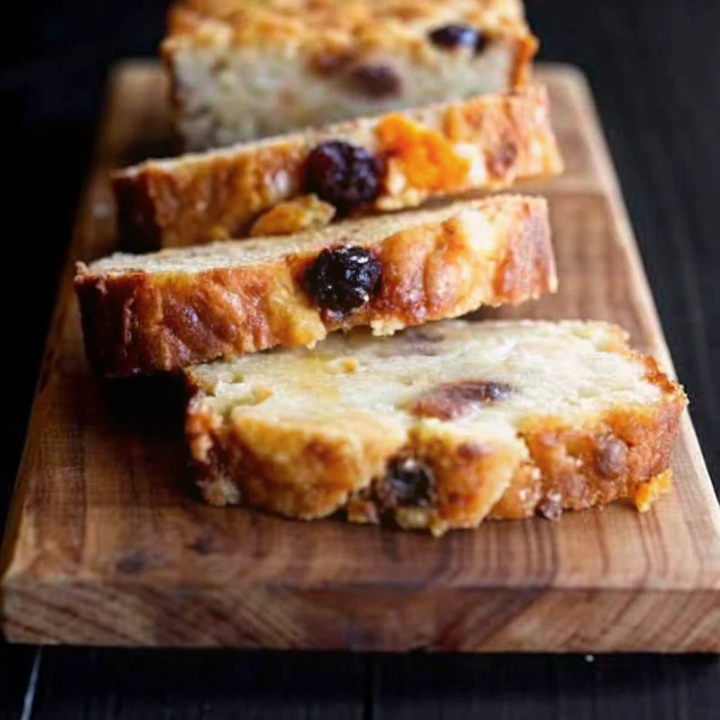 Pudding au pain maison aux raisins secs, moelleux à l’intérieur et doré à l’extérieur, découpé en tranches sur une planche en bois.