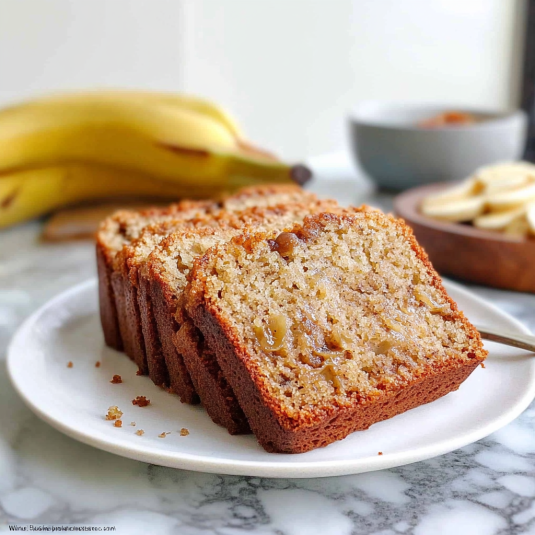 Tranches de banana bread moelleux servies sur une assiette blanche, avec des bananes mûres en arrière-plan.