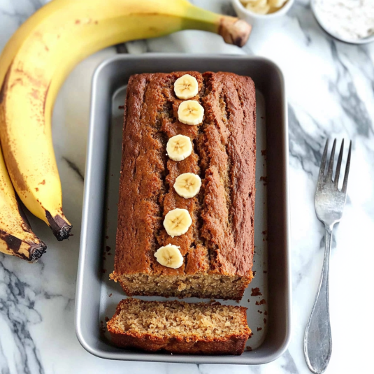 banana bread moelleux servies sur une assiette blanche, avec des bananes mûres en arrière-plan.
