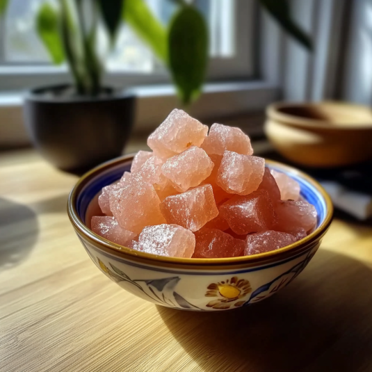 Bol en céramique rempli de cubes de sel rose japonais éclairés par la lumière naturelle.
