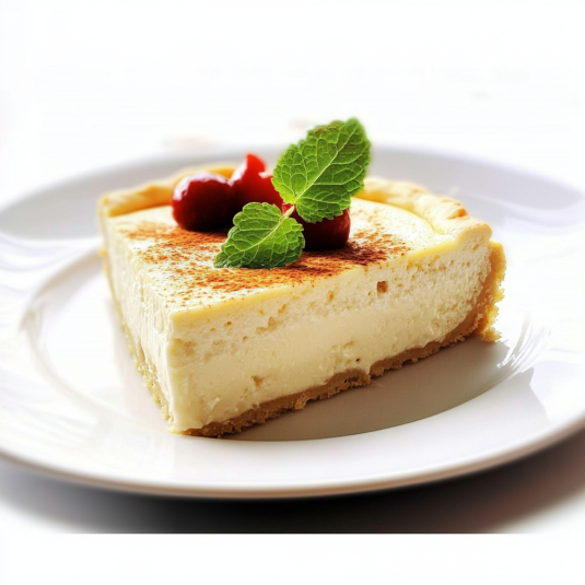 Part de tarte au fromage blanc alsacienne avec fond de pâte dorée, garnie de cerises et de feuilles de menthe sur une assiette blanche.