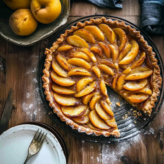Tarte aux pêches maison dorée au four avec quartiers de pêches fraîches disposés en rosace
