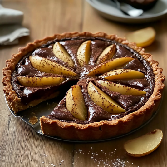 Tarte poire chocolat avec poires fondantes sur ganache au chocolat