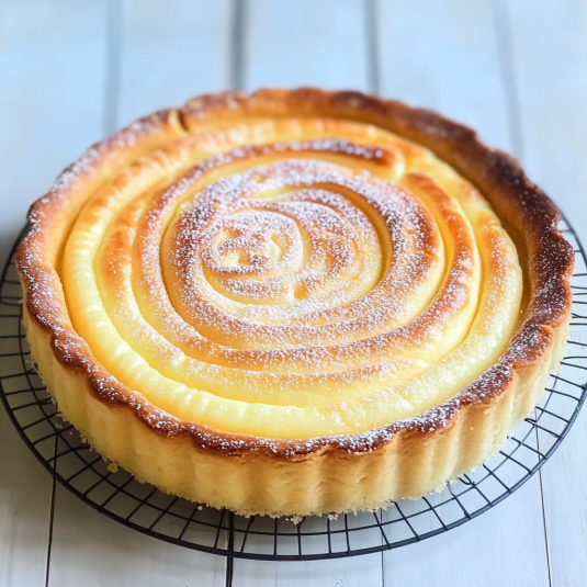 A freshly baked tarte au fromage blanc with a golden spiral top, lightly dusted with powdered sugar, cooling on a wire rack.