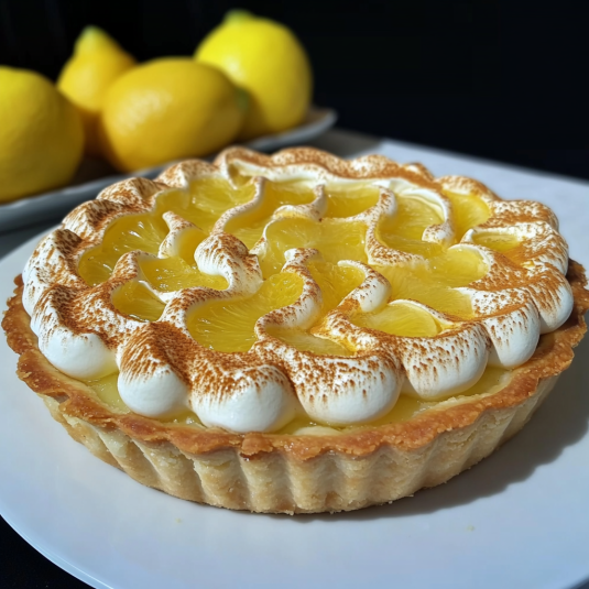 Tarte au citron meringuée avec crème citron brillante et meringue dorée, sur assiette blanche.