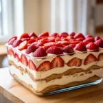 Tiramisu aux fraises maison en couches de biscuits imbibés, crème mascarpone onctueuse et fraises fraîches