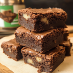 Brownies au chocolat fondants avec une croûte brillante et des morceaux de noix, empilés sur une feuille de papier cuisson.
