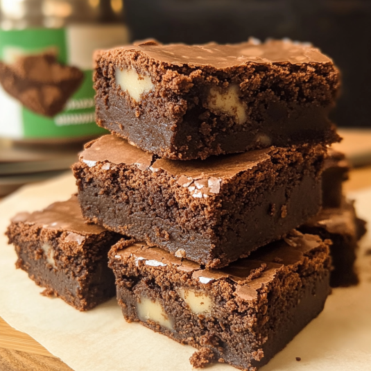 Brownies au chocolat fondants avec une croûte brillante et des morceaux de noix, empilés sur une feuille de papier cuisson.