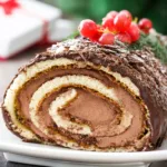 Bûche de Noël made with rolled sponge cake, creamy filling, nut coating, and festive chocolate decorations