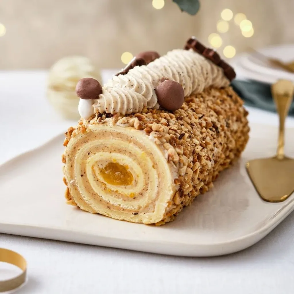 Bûche de Noël made with rolled sponge cake, creamy filling, nut coating