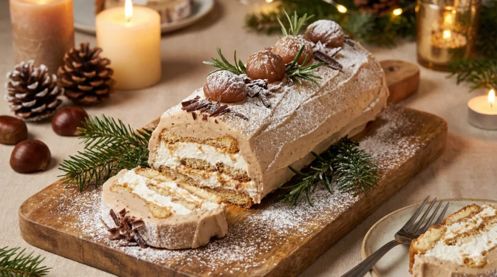 Classic Bûche de Noël made with rolled sponge cake, creamy filling