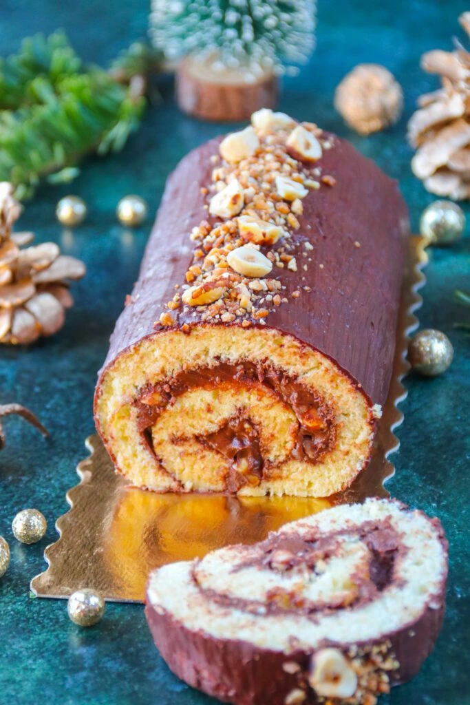 Bûche de Noël made with rolled sponge cake,