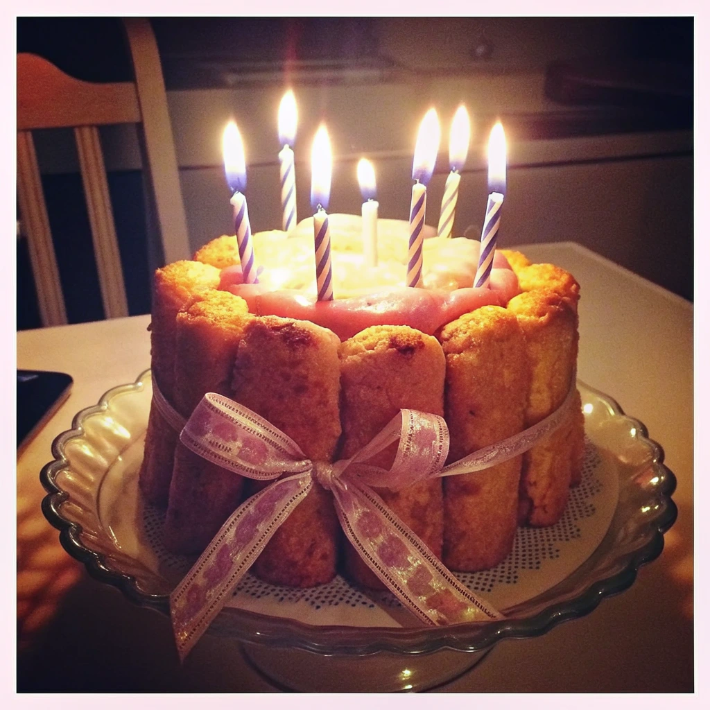 Charlotte d’anniversaire entourée de biscuits à la cuillère, décorée d’un ruban rose et de bougies allumées sur le dessus.
