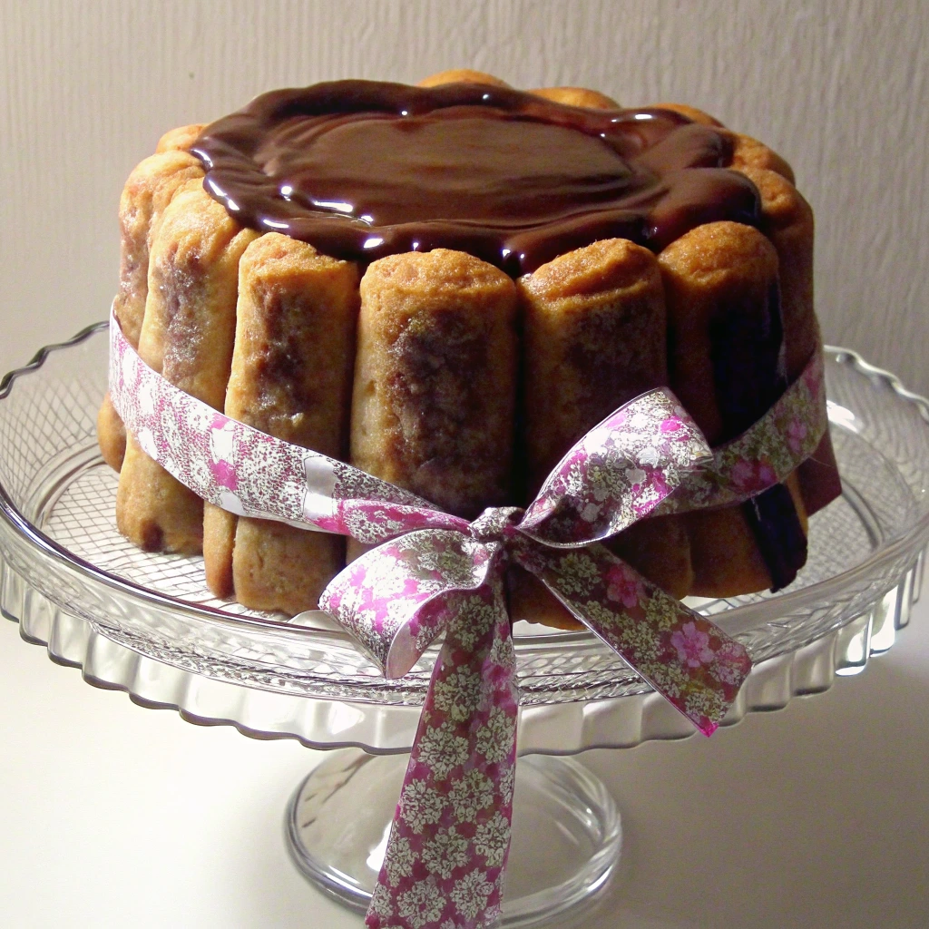Charlotte au chocolat recouverte d’un glaçage brillant avec des biscuits à la cuillère sur le dessus, posée sur un plat décoratif à motif floral.