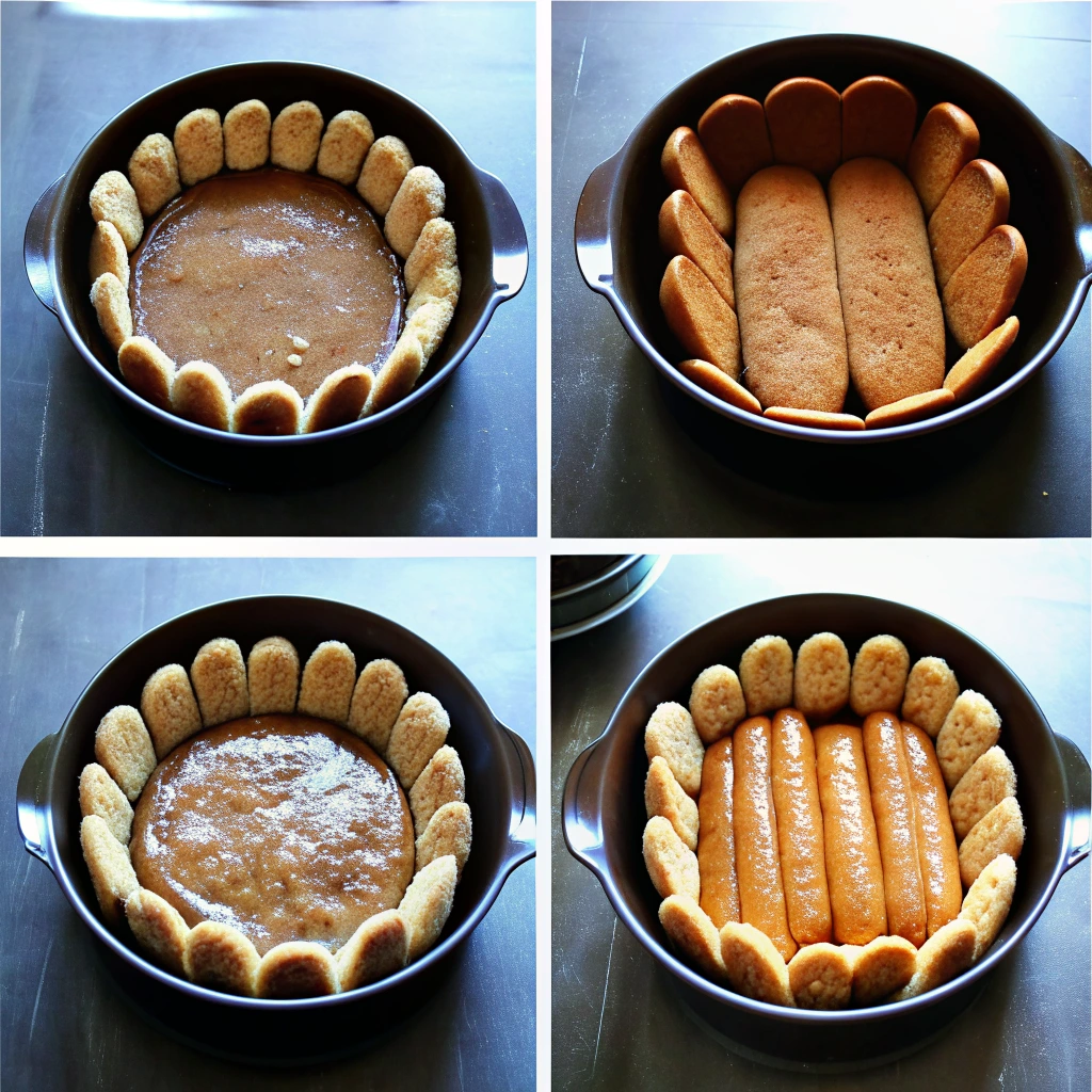 Montage étape par étape d’une charlotte avec biscuits à la cuillère disposés autour du moule, montrant le fond biscuité et l’ajout de biscuits imbibés au centre.