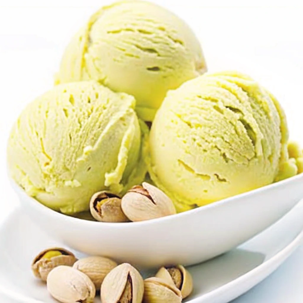 Trois boules de glace pistache authentique servies dans un bol blanc avec des pistaches entières