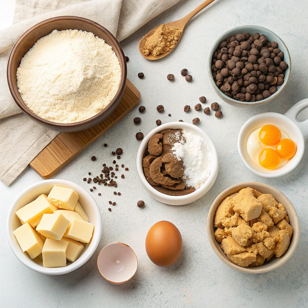 Ingrédients pour recette  cookies aux pépites de chocolat avec farine, beurre, sucre, œufs et chocolat disposés sur une table claire