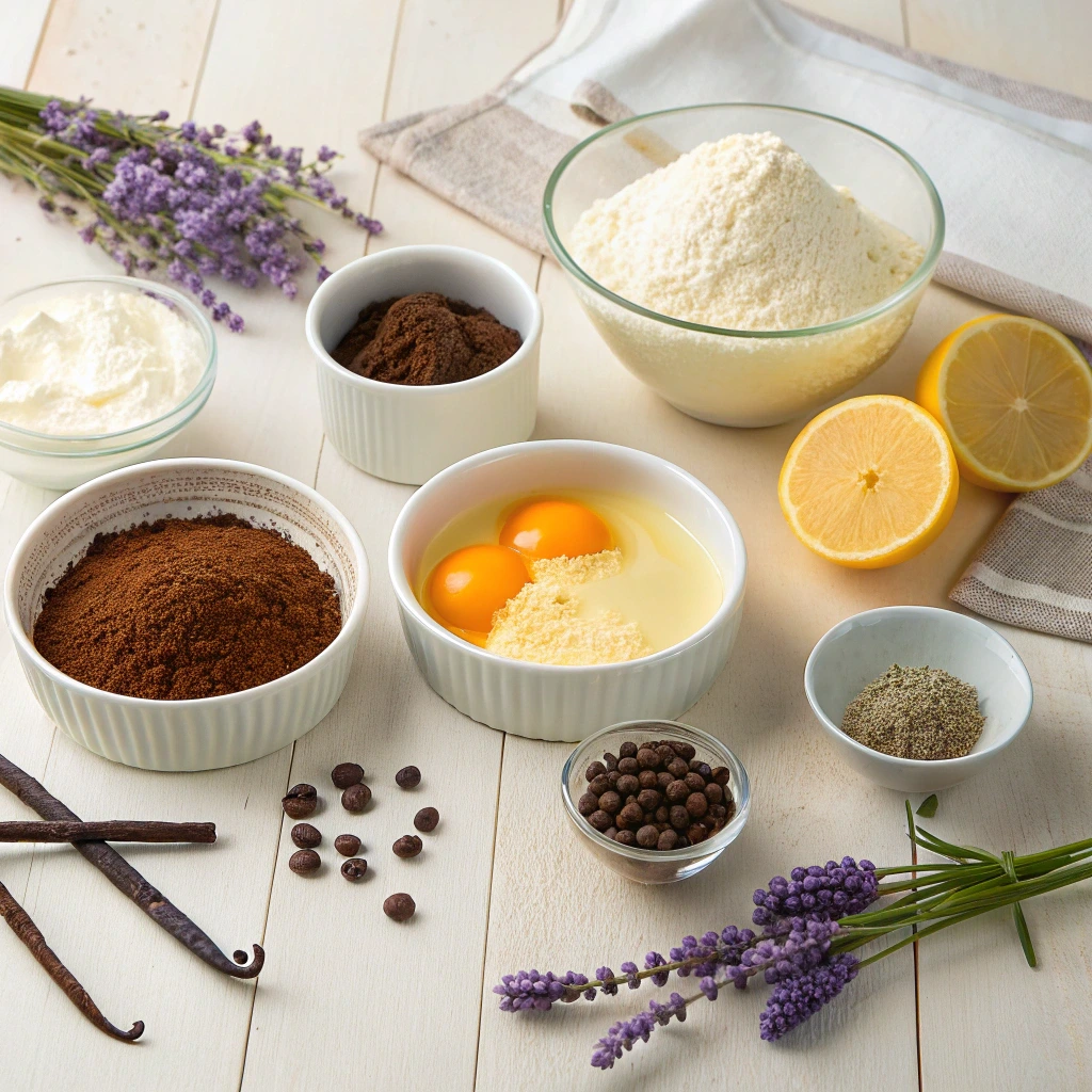 Vue de dessus des ingrédients pour dessert maison avec œufs, farine, sucre, citron, vanille et épices sur table claire