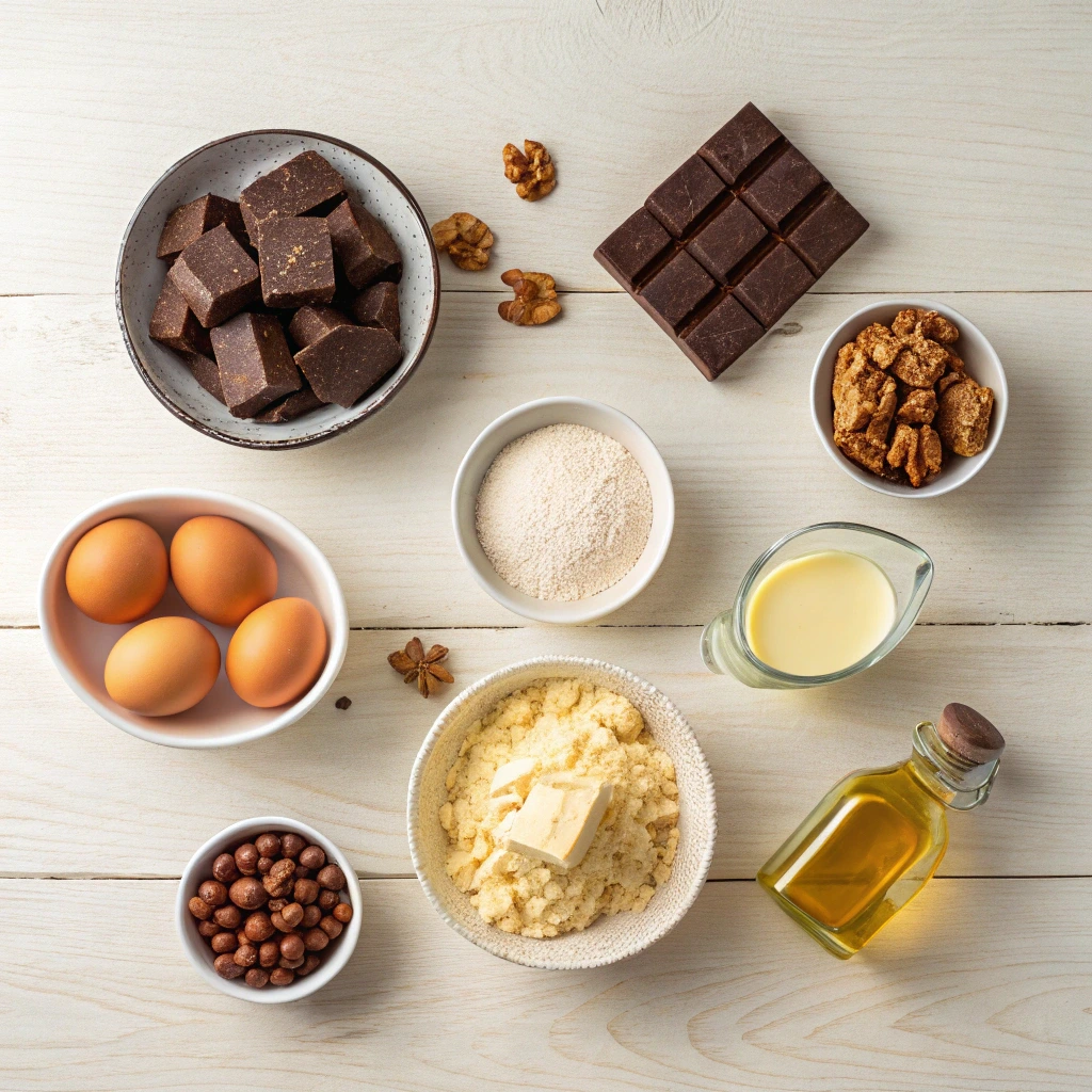 Ingrédients pour brownie aux noix disposés à plat, chocolat noir, œufs, beurre, farine, sucre et noix sur fond clair