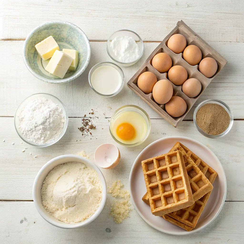 Ingrédients de la gaufre de Bruxelles avec farine, œufs, beurre, lait, sucre, levure et gaufres dorées sur assiette.