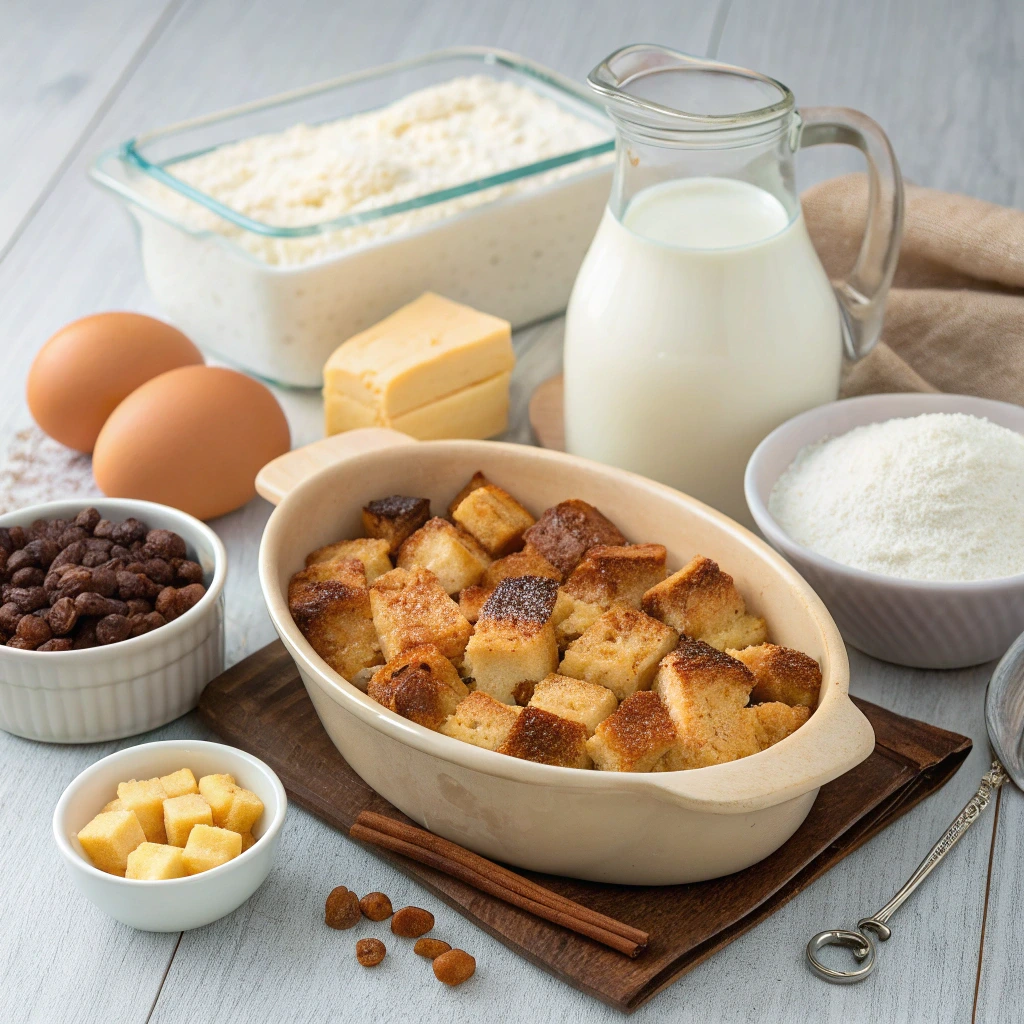 Ingrédients du pudding au pain maison avec pain rassis en cubes, lait, œufs, beurre, sucre, raisins secs et cannelle.