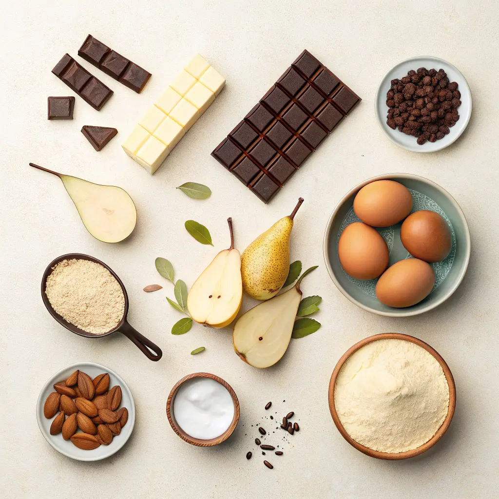 Ingrédients pour tarte poire chocolat avec poires, chocolat noir, œufs et amandes